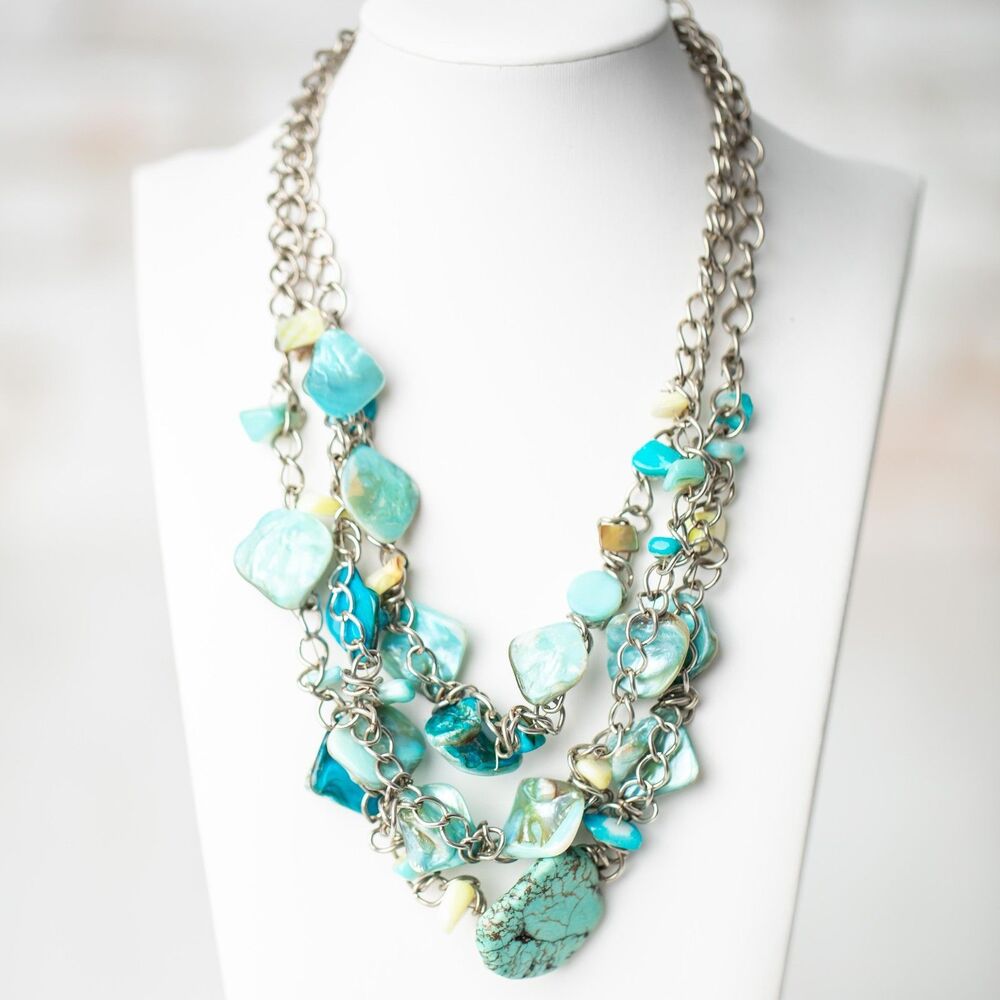 Yousi "You & I" Turquoise Shell Multi Strand Statement Necklace Silver Tone Boho